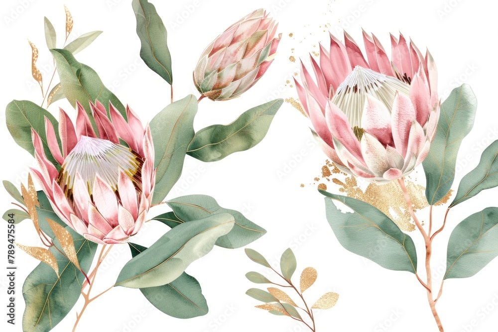 Poster a bunch of vibrant pink flowers with lush green leaves, perfect for adding a pop of color to any pro