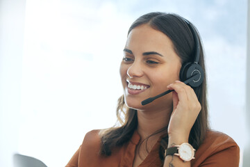 Callcenter, phone call and happy woman in office for customer service, telemarketing and headset at help desk. Advisor, sales agent or virtual assistant in client care, tech support or crm consulting