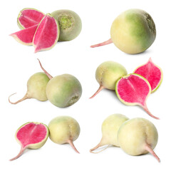 Different ripe turnips isolated on white, set