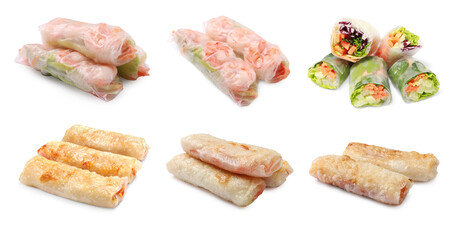 Delicious spring rolls isolated on white, set