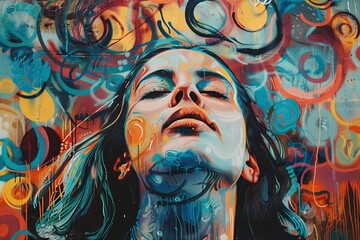 A woman's face is painted in a colorful swirl of paint. The painting is abstract and has a dreamy, ethereal quality to it. The woman's eyes are closed, and her mouth is slightly open