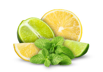 Fresh lime, lemon and mint leaves isolated on white
