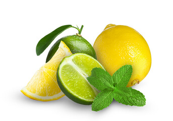 Fresh limes, lemons and mint isolated on white