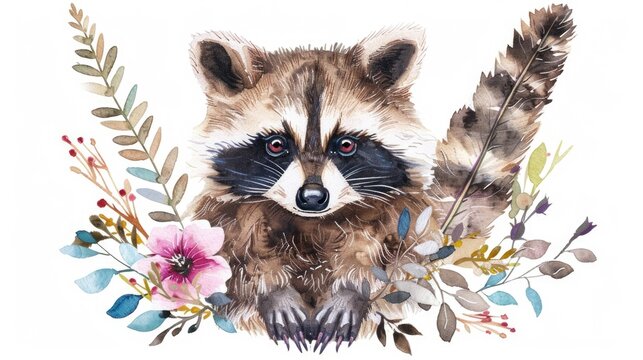 A painting of a raccoon surrounded by colorful flowers and leaves. Perfect for nature and animal lovers