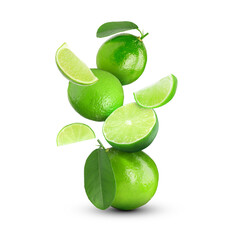 Fresh ripe limes falling on white background