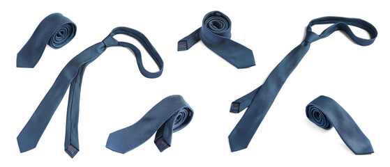 Steel blue tie isolated on white, collage. Stylish accessory