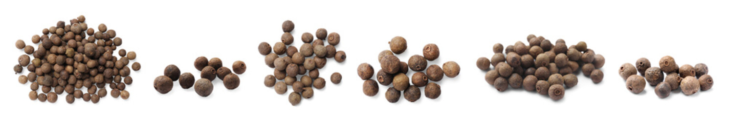 Allspice berries (Jamaica pepper) isolated on white, set - obrazy, fototapety, plakaty