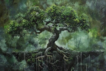 A painting of a tree with its roots in the air. The painting has a mood of serenity and calmness