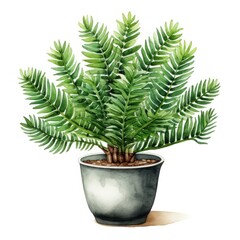 A watercolor painting of a potted fern, with a white background.