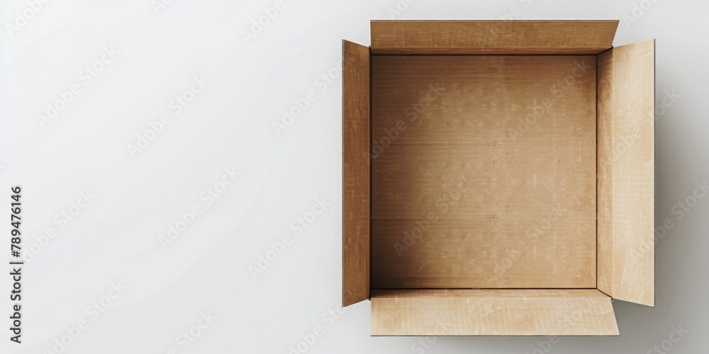 Poster An open cardboard box on a white surface, suitable for various concepts