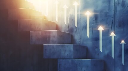 Progressive Business Growth: Arrows Ascending Stairway Towards Shining Summit