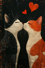 Obraz premium greeting card featuring two cats kissing, minimalist style, illustration, cute, kawaii,generative ai