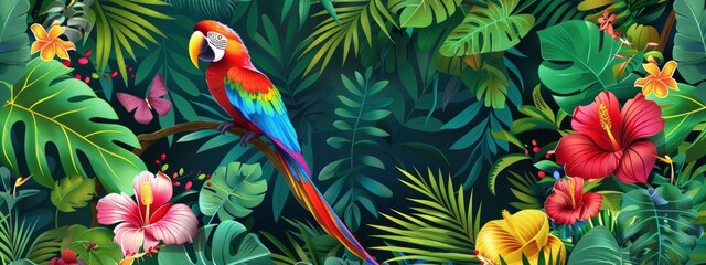 Obraz premium As a seamless pattern background, a vibrant jungle landscape with exotic birds, rich grass, and colorful flower