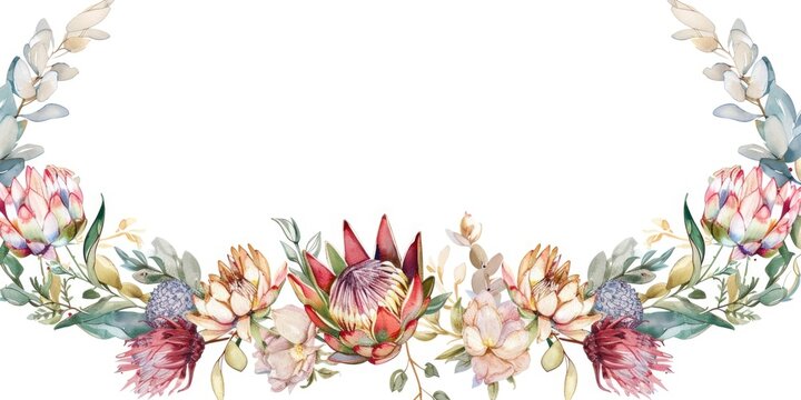 Beautiful watercolor wreath with proteas and various flowers, perfect for invitations or greeting cards