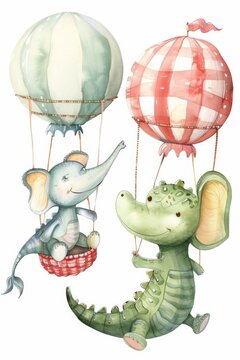 Cute watercolor painting of baby elephant and alligator flying in hot air balloon. Perfect for children's book illustrations or nursery decor