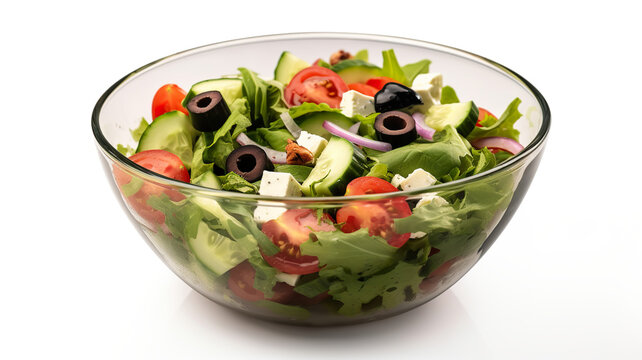 Greek salad with sauce in a glass bowl set apart against a stark white background
