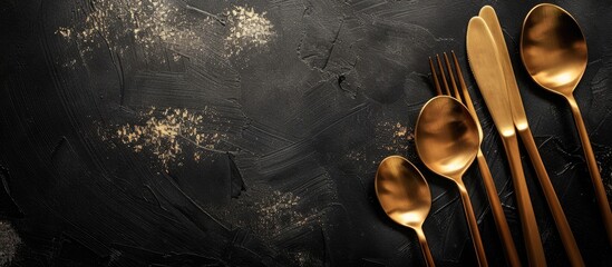 Gold cutlery set displayed on a black background with space for text. - obrazy, fototapety, plakaty