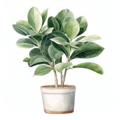 A watercolor painting of a potted ficus plant with green leaves.