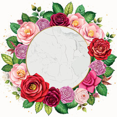 A beautiful frame of roses and green leaves is arranged in a circle. The roses are of various colors, including pink, red, and white. The arrangement is elegant and eye-catching, with the flowers