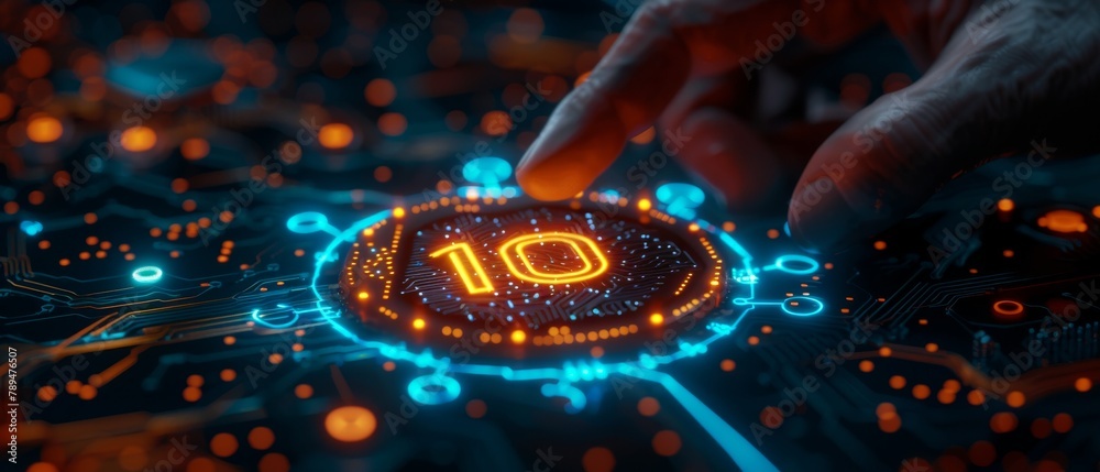 Poster a businessman selects the abstract chip with iot text on the virtual display on virtual screen as a 
