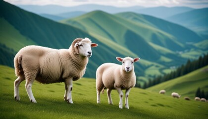 Obraz premium Sheep Grazing on Green Hillside