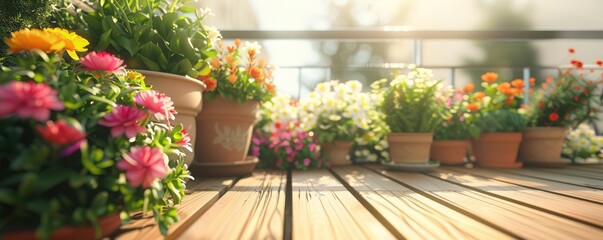 Fototapeta na wymiar a wooden balcony terrace with flower and plant pots