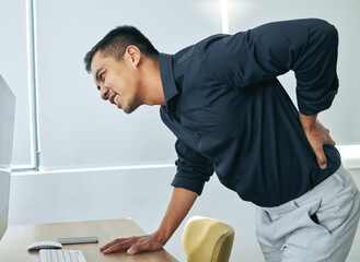 Computer, body or businessman with back pain injury, fatigue or burnout crisis in workplace, office or startup. Spine posture, tired developer or injured web designer frustrated by muscle tension