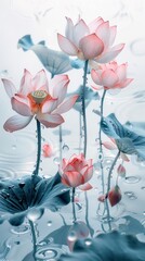Ethereal pink lotus flowers standing tall among gentle raindrops, creating a serene water garden scene.