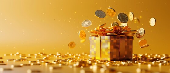 Floating gold coins in a 3D Gift Box. Cash surprise box. Cash prize reward. Casino or online game winner. Loyalty program concept. Cartoon design icon isolated on white background. - obrazy, fototapety, plakaty