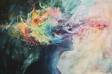 A painting of a person's head with a colorful explosion of paint. The painting is abstract and has a sense of chaos and energy - obrazy, fototapety, plakaty