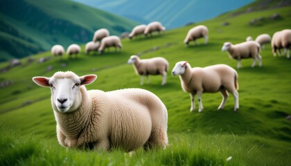 Obraz premium Grazing Herd of Sheep on Lush Green Hillside