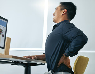 Stress, spine or businessman with back pain injury, fatigue or burnout in workplace, office or startup company. Posture problem, tired developer or injured web designer frustrated by muscle tension