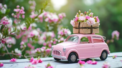 Toy pink car with decorative flowers, suitable for children's events