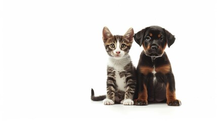A cat and a dog sitting peacefully side by side. Suitable for pet lovers or animal-related content