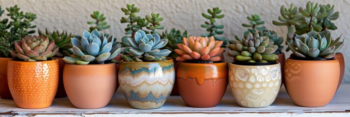 Colorful Assortment of Succulent Plants in Decorative Pots on Shelf.