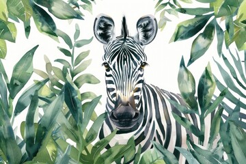 Fototapeta premium A painting of a zebra surrounded by leaves, ideal for nature-themed designs