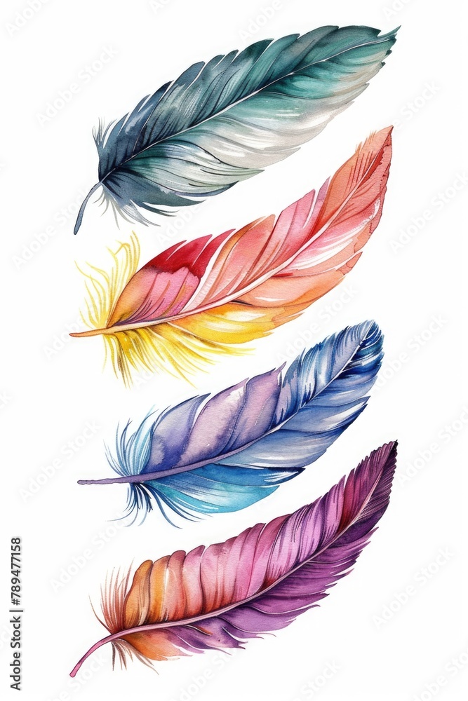 Poster colorful feathers on a white background, suitable for various design projects