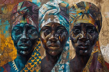 Three women with colorful head scarves are painted on a wall. The women are wearing traditional African clothing and have intricate designs on their faces. The painting is a colorful