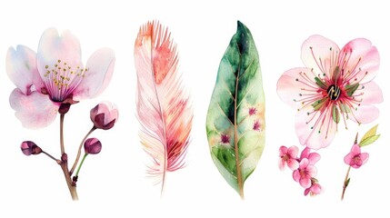 A set of four beautiful watercolor flowers and leaves. Perfect for various design projects