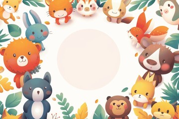 Naklejka premium A white circle in the center of an illustration surrounded by cartoon animals wearing business attire.