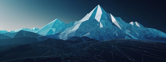 Abstract mountain with a path to the top, Way to goal in digital futuristic style on a blue technology background, Vector illustration of success achievement concept. Low Poly wireframe flag and ridge