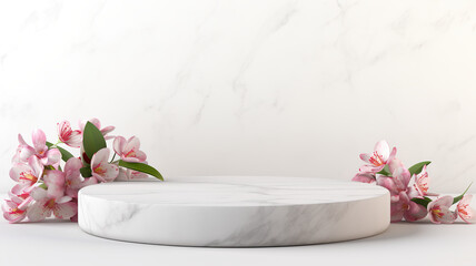 Obraz na płótnie Canvas Isolated on a white background, a marble podium with a rose decoration for product placement