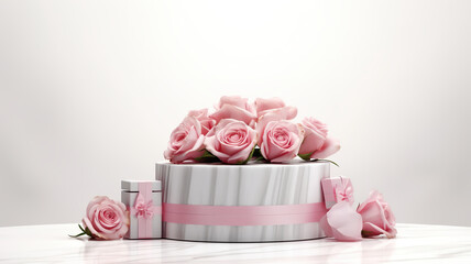Isolated on a white background, a marble podium with a rose decoration for product placement