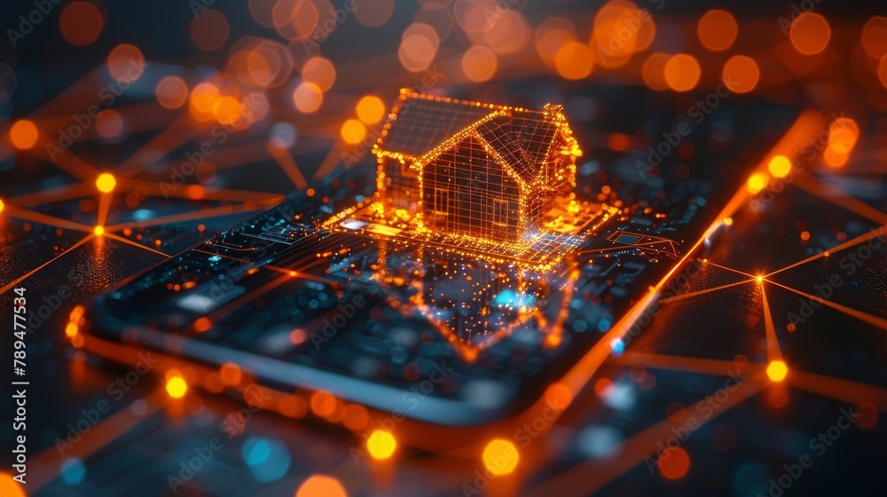 Leinwandbilder Low poly style. Geometric background. Wireframe light connection structure. Modern 3D graphic. Isolated modern illustration of a phone with pin icon and house. Delivery tracking concept. Low poly