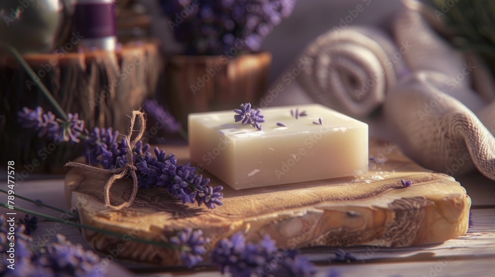 Poster a bar of soap placed on a rustic wooden cutting board. ideal for hygiene and household concepts