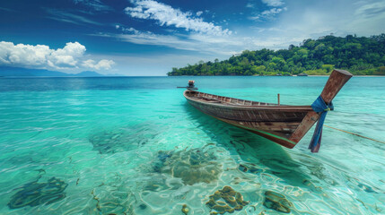 Fototapeta na wymiar beautiful tropical island with clear water and wooden boat