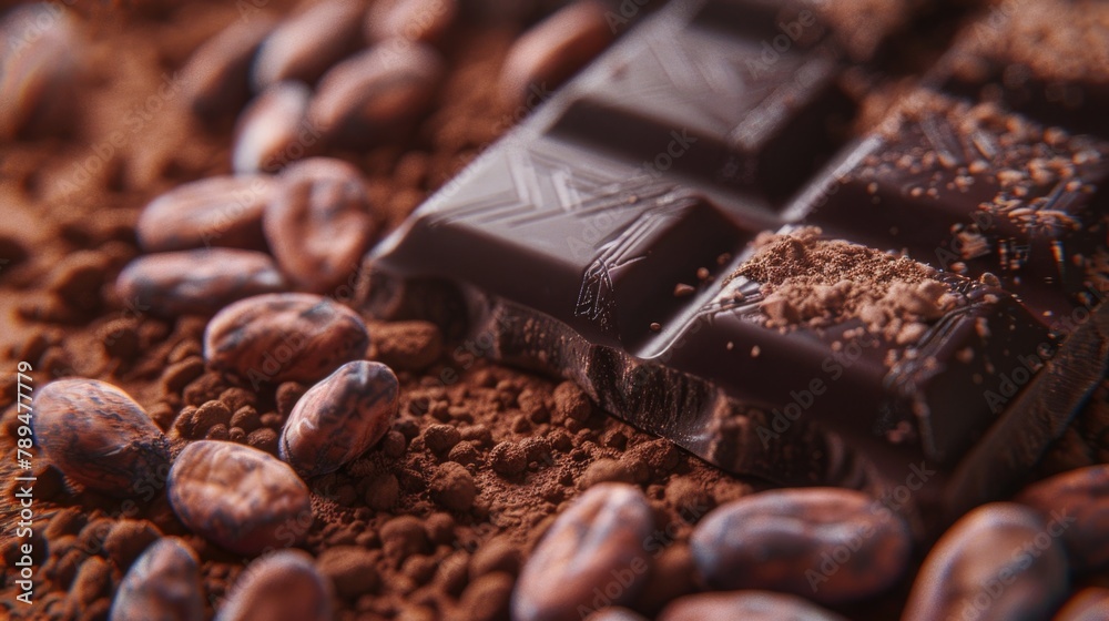 Poster a piece of chocolate on top of cocoa beans. ideal for food and dessert concepts