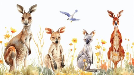 Group of kangaroos grazing in a peaceful field. Ideal for nature and wildlife concepts - obrazy, fototapety, plakaty