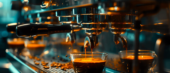 Fototapeta na wymiar Close up of coffee machine, coffeemaker, in the process preparing coffee with cup. Professional equipment for Coffee Shop or restaurant. Cozy ambience of restaurant. Generative ai