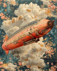 A whimsical steampunk airship soaring through the clouds, retro aesthetic, collage of a 70s style, classic illustration of a 50s era, vintage & pop background, wallpaper, poster design, banner, card